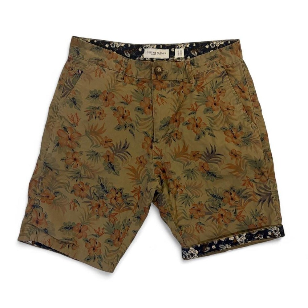 Denim & Flower Ricky Singh Mens‎ 29 Floral Tropical Leaf Shorts Brown Orange